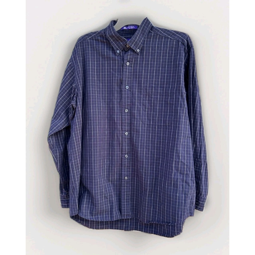 John Ashford Shirt Mens Sz L Purple Multicolor Check Button Up Pocket Career